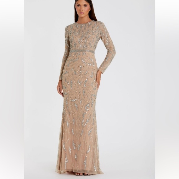 NWT Mac Duggal Mocha/Beige Long Sleeve Beaded Embellished Evening Gown 10